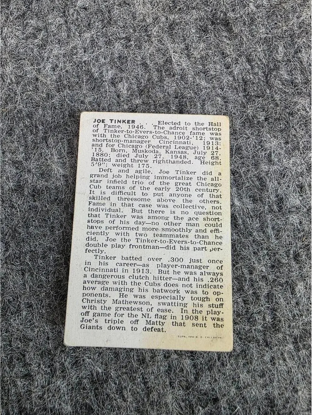 Joe Tinker 1950 B.E. Callahan Baseball Card Original Hall of Fame
